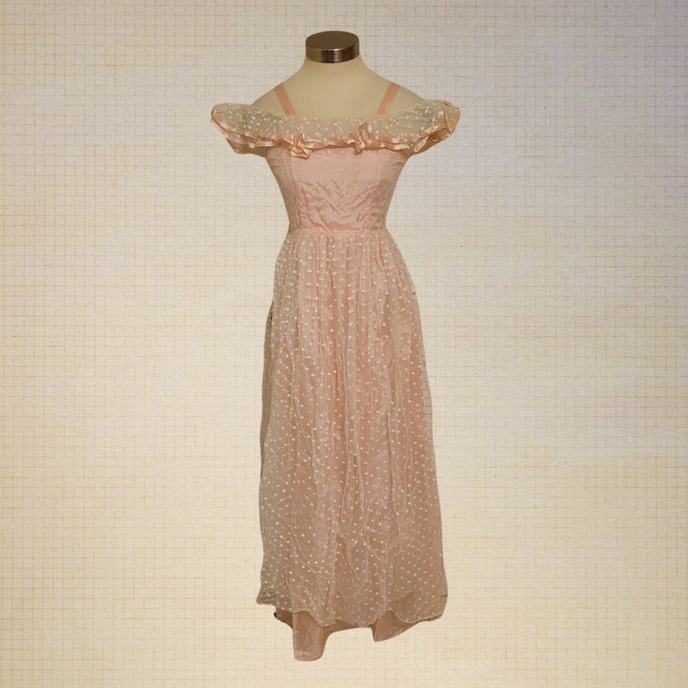 80s 90s Cottagecore Glenrob Off Shoulder Polka Dot Lace Dress Size 9 10 Pleated